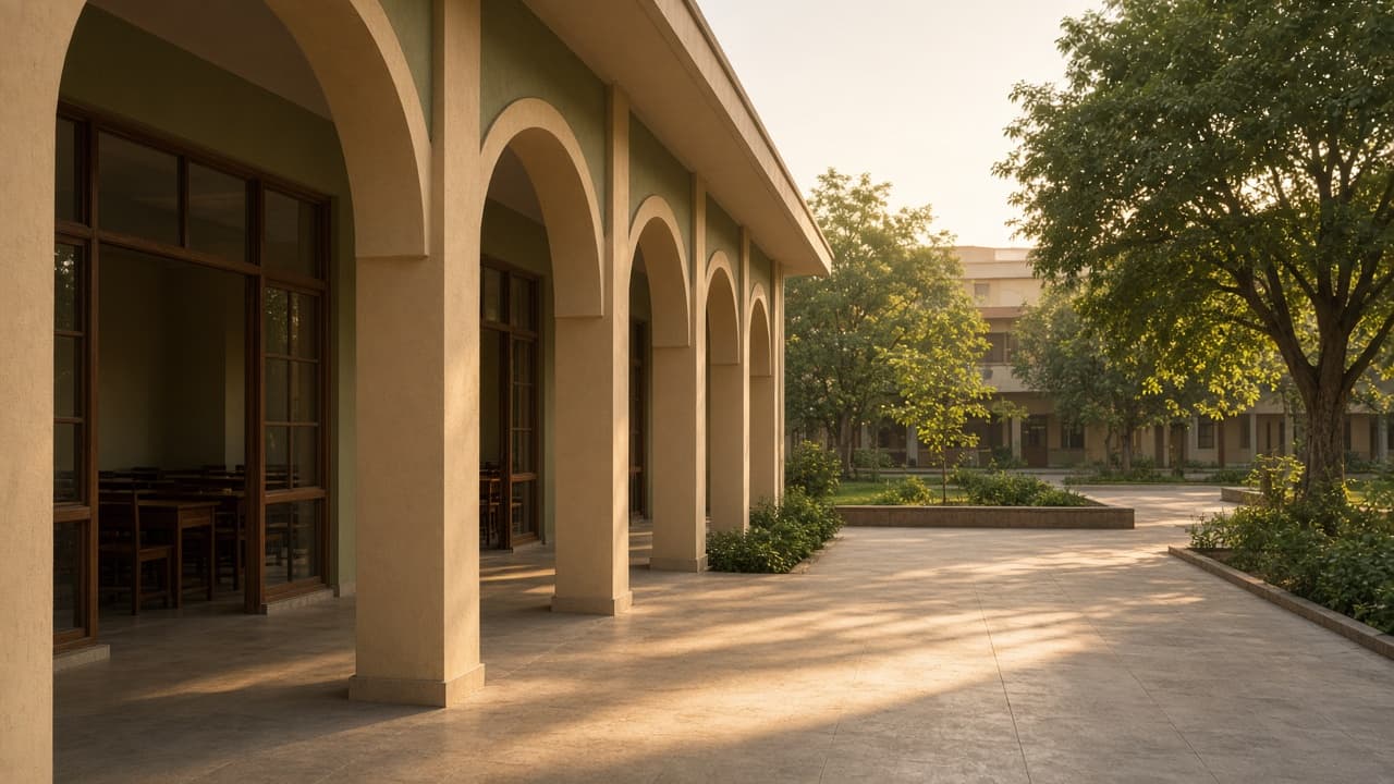 Quiet school campus corridor in morning light